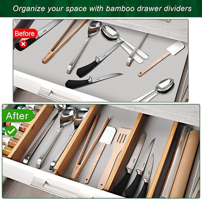 4 Pack Bamboo Drawer Dividers 2.6" High, Adjustable Length from 12 Inch to 17 Inch, Expandable Kitchen Drawer Organizer Separ