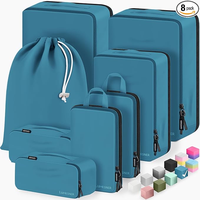 8 Set Compression Packing Cubes for Travel, Waterproof Luggage Organizers, Suitcase Organizer Set for Carry-On & Checked Bagg