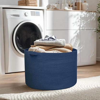 MEGASKET 115L Dark Blue Basket for Organizing, 23.6" x 15.7" XXXL Woven Cotton Rope Laundry Basket, Oversized Blanket Storage