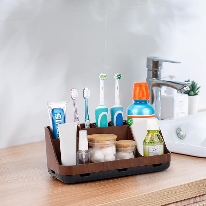 GFWARE Wood Toothbrush Holders for Bathrooms Countertop Organizer - Detachable 7 Slots Kid Bathroom Decor and Accessories, Wo