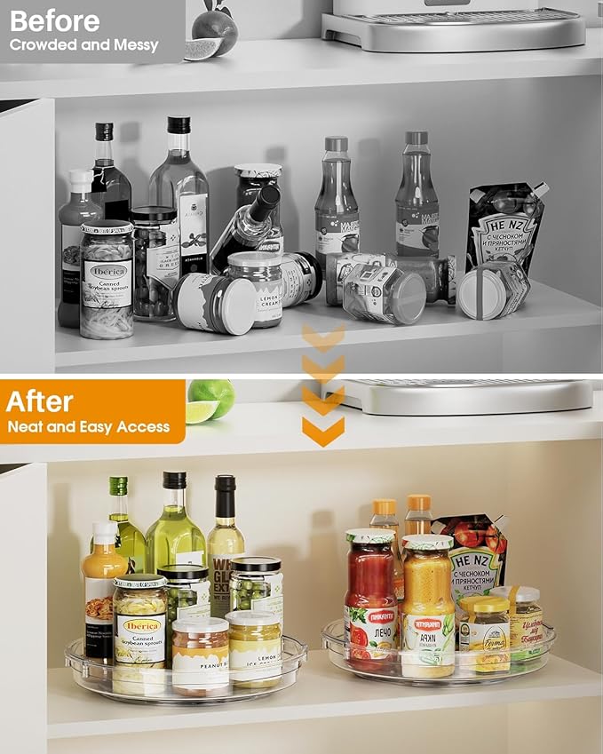 LAMU 2 Pack 10.6in Lazy Susan Organizer Turntable for Cabinet, Clear Lazy Susan for Refrigerator Rotating Organizer for Fridg