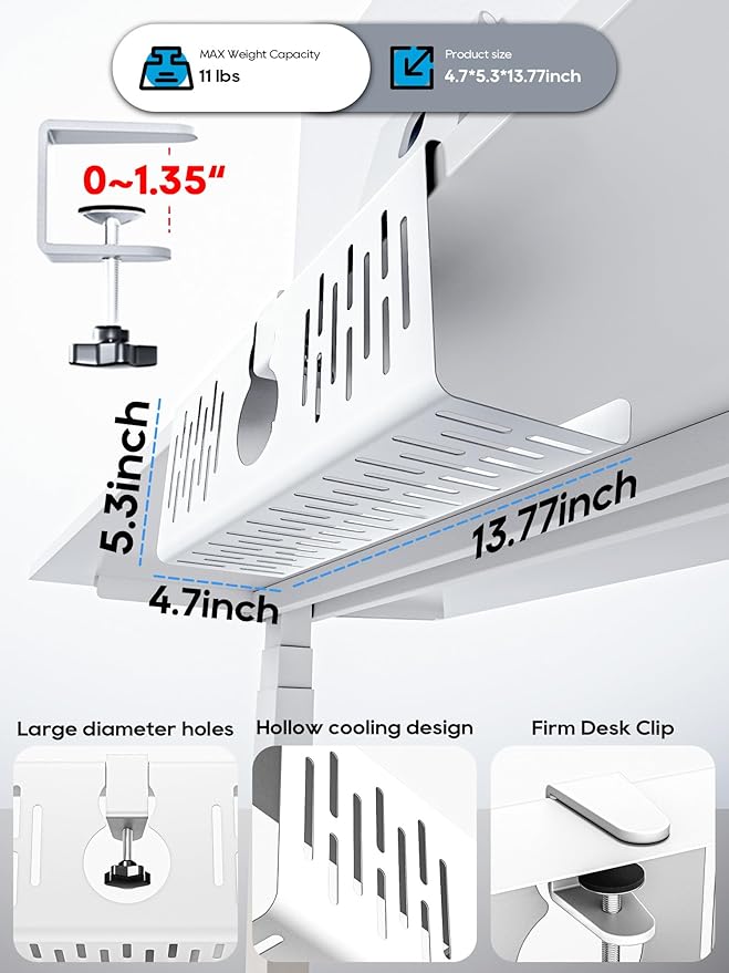 NODOCA No Drill Under Desk Cable Management Tray, 14'' Wire Management, Punch-Free Clamp on, Metal Cable Tray, Wire Organizer