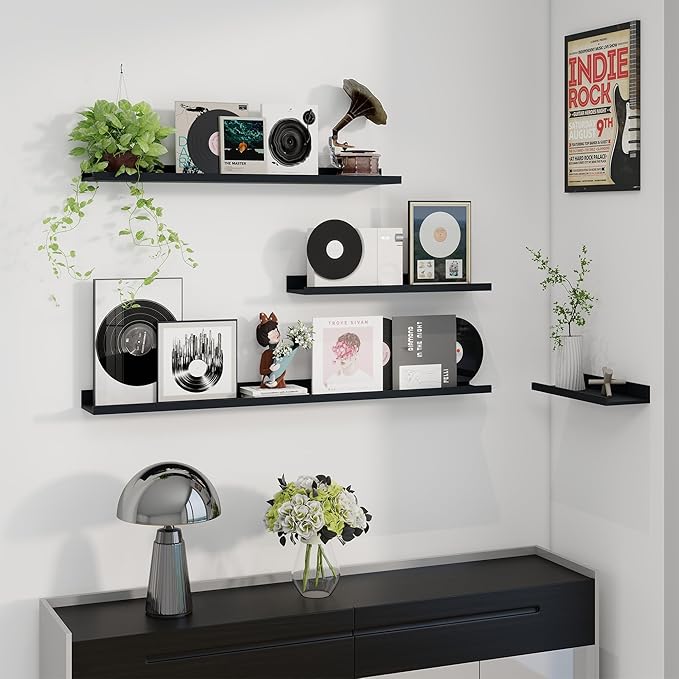 Axeman Picture Ledge Shelf | 16 Inch Black Floating Shelves Set of 3 | Rustic Wood Wall Shelves with Lip | 16" Black Picture 