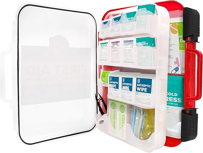 Be Smart Get Prepared First Aid Kit Hard Red Case 326 Pieces Exceeds OSHA and ANSI Guidelines 100 People - Office, Home, Car,