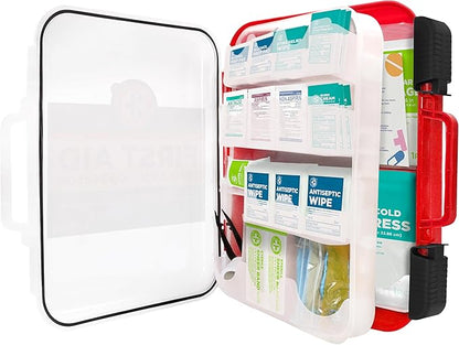 Be Smart Get Prepared First Aid Kit Hard Red Case 326 Pieces Exceeds OSHA and ANSI Guidelines 100 People - Office, Home, Car,