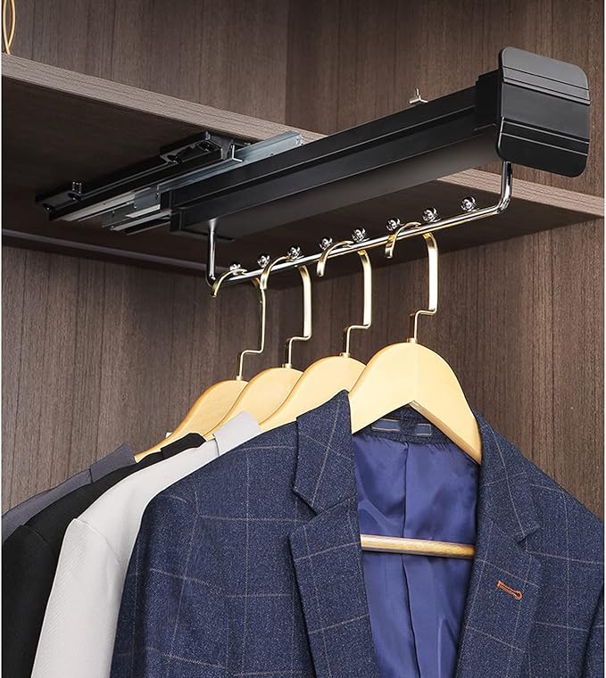 Pull Out Closet Clothes Rail, Extendable Hanging Rod Double Ball Sliding Rail, Adjustable Top Mount Wardrobe Organizer Rack H