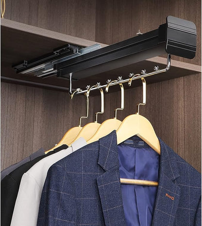 Pull Out Closet Clothes Rail, Extendable Hanging Rod Double Ball Sliding Rail, Adjustable Top Mount Wardrobe Organizer Rack H