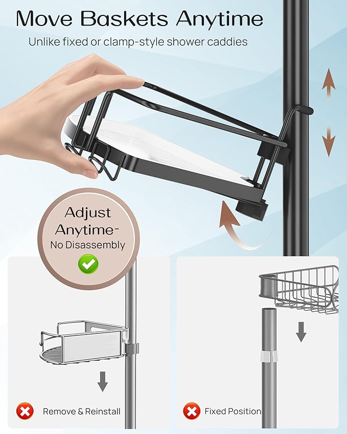 ALLZONE Corner Shower Caddy Tension Pole, 4 Repositionable Hang-On Baskets with Mixed-Height Shelves for Various Bottle Sizes