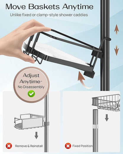 ALLZONE Corner Shower Caddy Tension Pole, 4 Repositionable Hang-On Baskets with Mixed-Height Shelves for Various Bottle Sizes