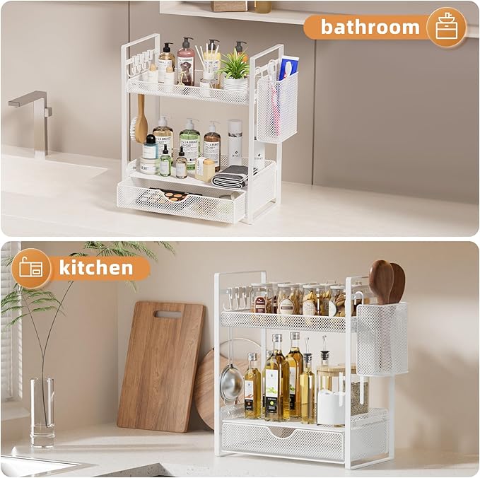 VITVITI 2 Tier Bathroom Organizer Countertop with Drawer, Metal Mesh Bathroom Counter Vanity Organizer Storage, Bath Room She