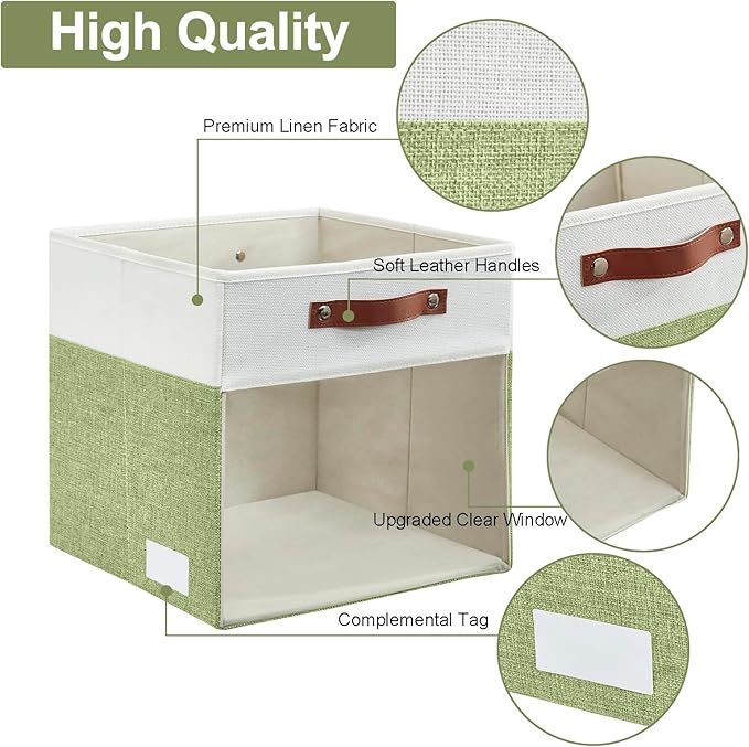 Bagnizer Storage Cubes, 4 Pack Linen Foldable Storage Bins (13 x 13 inch) with Clear Window and Handles, Fabric Organizer for