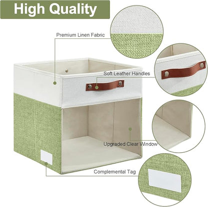 Bagnizer Storage Cubes, 4 Pack Linen Foldable Storage Bins (13 x 13 inch) with Clear Window and Handles, Fabric Organizer for