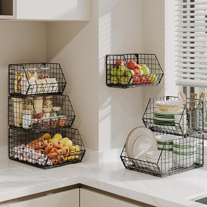 2-Tier Stackable Wire Baskets for Counter, Potato and Onion Storage Bin, Fruit and Vegetable Storage Bins with Ventilated Mes