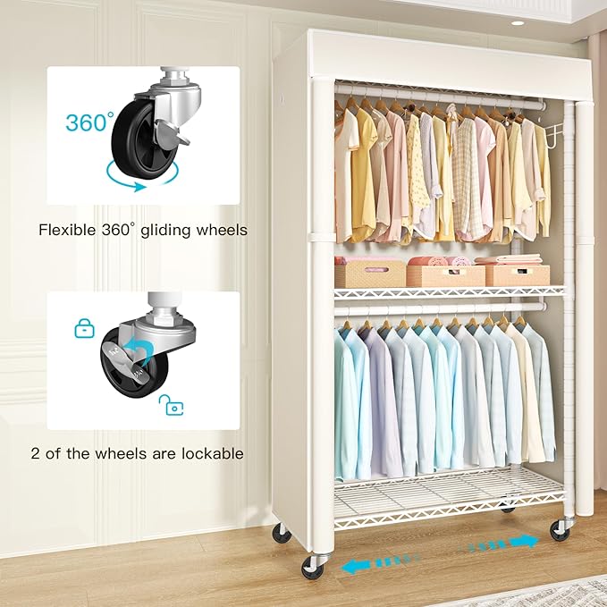 FUTASSI White Clothing Rack with Beige Cover, P1C Rolling Closets with Wheels, Metal Garment Rack for Hanging Clothes, Clothi