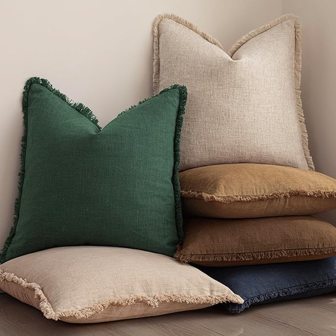 Foindtower Set of 2 Decorative Linen Fringe Throw Pillow Covers Cozy Boho Farmhouse Cushion Cover with Tassels Soft Accent Pi