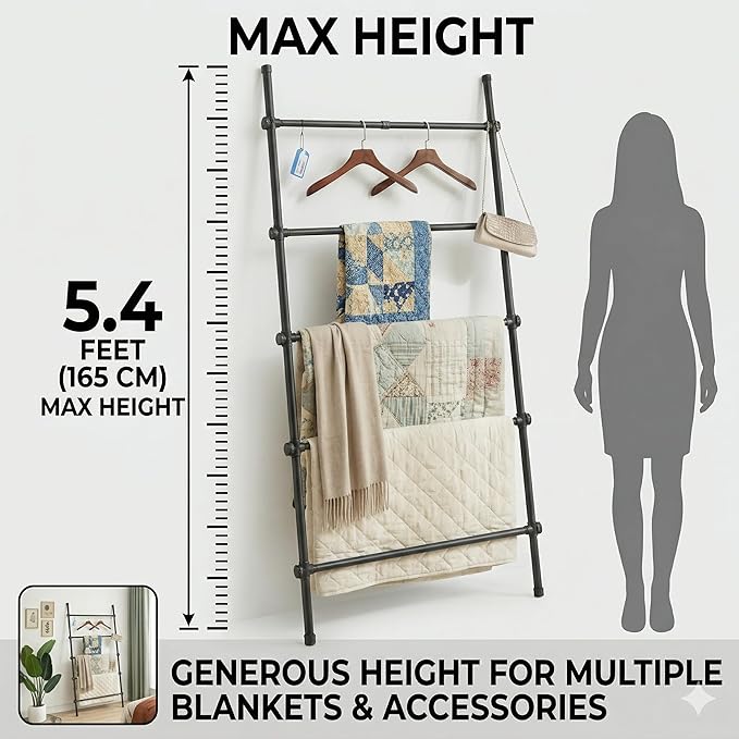 Blanket Ladder Black Expandable Width (17.3-32.3 inch) 5.4 Ft Tall 5 Rungs Metal Quilt Holder Rack Wall Leaning Strong Load C