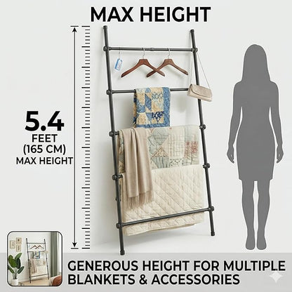 Blanket Ladder Black Expandable Width (17.3-32.3 inch) 5.4 Ft Tall 5 Rungs Metal Quilt Holder Rack Wall Leaning Strong Load C