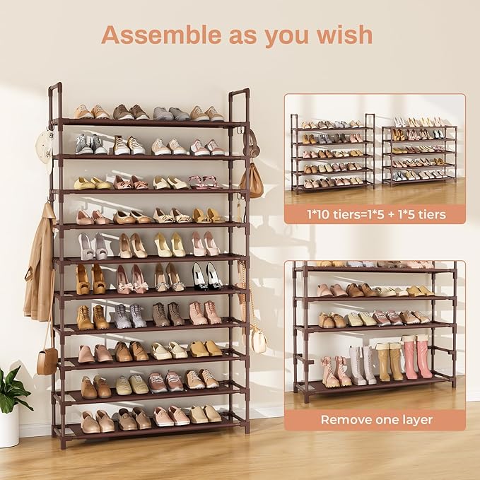 LANTEFUL Tall Shoe Rack 10 Tier Shoe Organizer Large Shoe Shelf with 18 Hooks Storage for 50 Pair Sneaker and Boot, Stackable