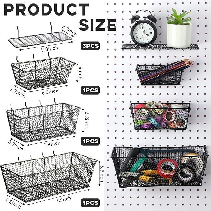 Sieral 6 Pieces Pegboard Baskets Wall Mount Wire Peg Board Baskets 3 Sizes Pegboard Accessories Slatwall Bins Basket Home Gar