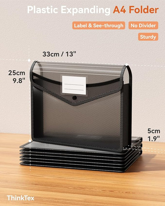 ThinkTex Plastic Expanding File Folder, Transparent envelopes with Snap Closure, No Dividers, Large Capacity, Fit Letter/A4 S