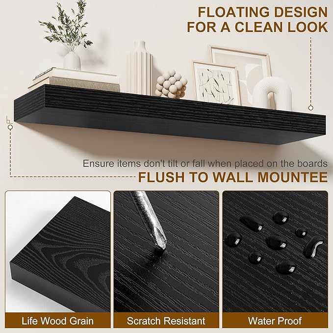 Fun Memories 60 Inch Fireplace Mantel - Long Floating Shelf, Wall Mounted Farmhouse Display with Invisible Heavy Duty Metal B