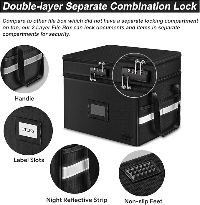 ETRONIK Fireproof Document Box with Lock, 2 Layer File Cabinet Organizer with 5 Tab Inserts, Portable Office Collapsible File