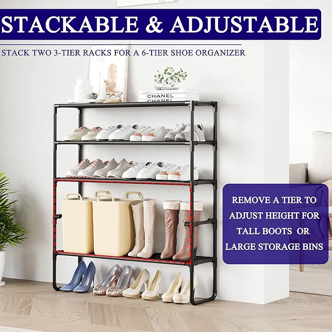 Long Shoe Rack, 3-Tier Stackable Shoe Organizer for Closet, Entryway, Hallway, Extra Bottom Layer, Holds 16-20 Pairs, Sturdy 