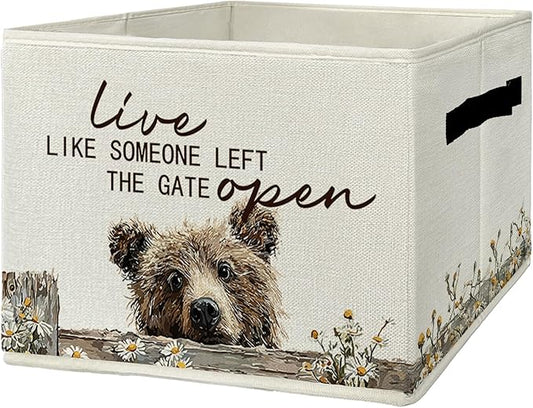 Rustic Bear Storage Bins & Boxes with Handles, Farmhouse Bear Foldable Basket for Organizing, Live Like Someone Left the Gate