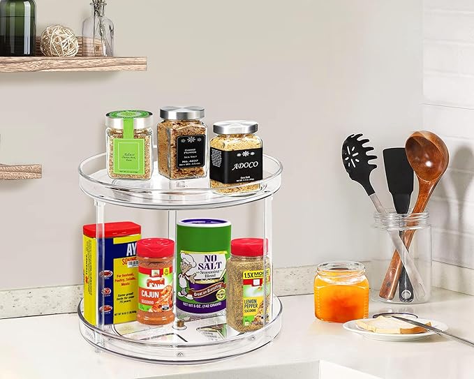 2 Tier Lazy Susan Bathroom Organizer, 9.25Inch Clear 360 Rotating Makeup Organizer for Vanity, Skincare Organizers Perfume Or