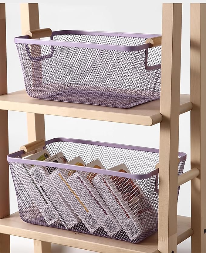 AJIODA Metal Mesh Steel Basket, Large Wire Storage Organizer Basket Multi-function Hanging Kitchen Baskets with Wood Handle f
