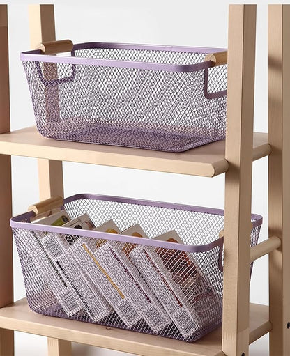 AJIODA Metal Mesh Steel Basket, Large Wire Storage Organizer Basket Multi-function Hanging Kitchen Baskets with Wood Handle f