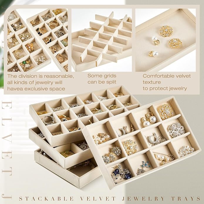 Junkin 12 Pcs Jewelry Tray Velvet Stackable Jewelry Organizer Trays Divided Earring Accessories Storage Containers Box (Rose 