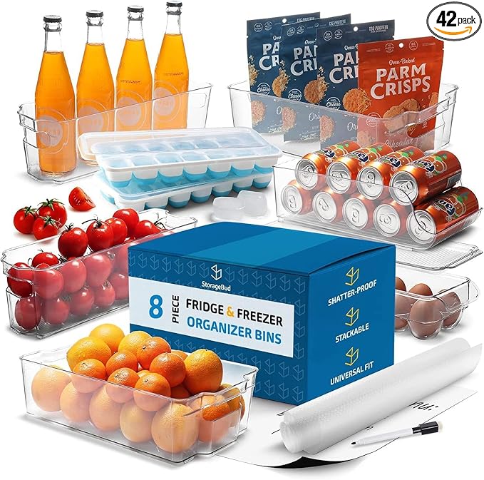 Hearth & Harbor 42 Piece Fridge Organizer Bins - Set of 24 Clear Bins with 12 Shelf Liners, 3 White Boards and 3 Markers - St