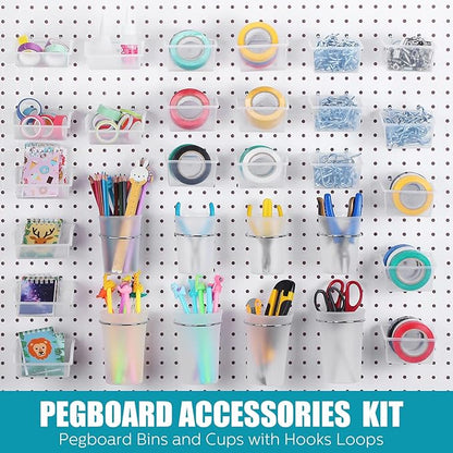 Sieral 64 Pieces Pegboard Bins Pegboard Cups with Hooks and Loops Peg Hooks Assortment Organizer Accessory for Organizing Acc