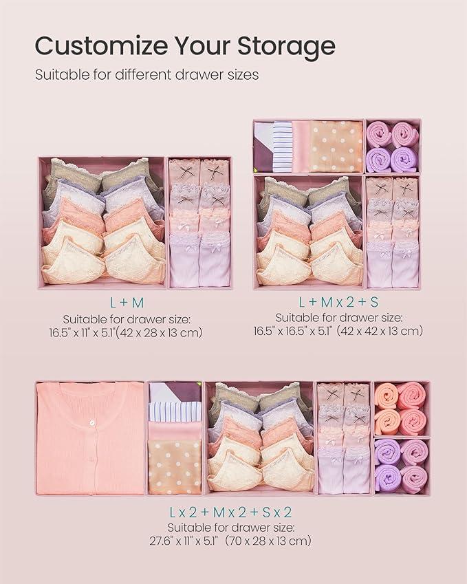 SONGMICS Drawer Organizers, Dresser Divider Organizers, Set of 12, Foldable Fabric Storage Boxes for Socks, Underwear, Bras, 