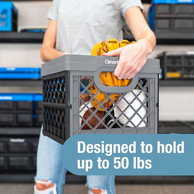 CleverMade Collapsible Milk Crate 25L (6.6 Gal), 50 lb Capacity Heavy Duty Folding Crate – Stackable Storage Crates with File