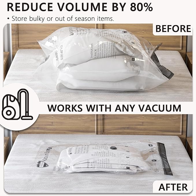 Vacuum Storage Bags, Compression Packing Space Saver Seal Bags for Clothing Bedding Comforters Blankets Pillows, 8 Jumbo