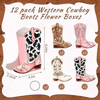 12 Set Western Boots Flower Boxes Centerpiece Boot Shape Gift Boxes Party Decoration Vase Centerpieces for Tables Boots Rodeo Birthday Baby Shower Supplies(Western Pink,Cowgirl Cow)