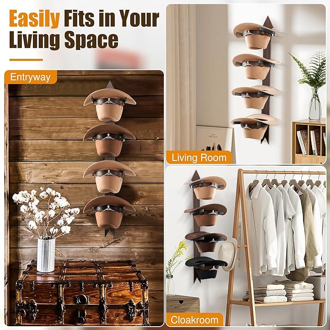 Cinati Cowboy Hat Rack Wall Mount - Wooden Western Rustic Metal Hanger With Arrow Sign Board - Holds up to 4 Hats, Fedora, Su