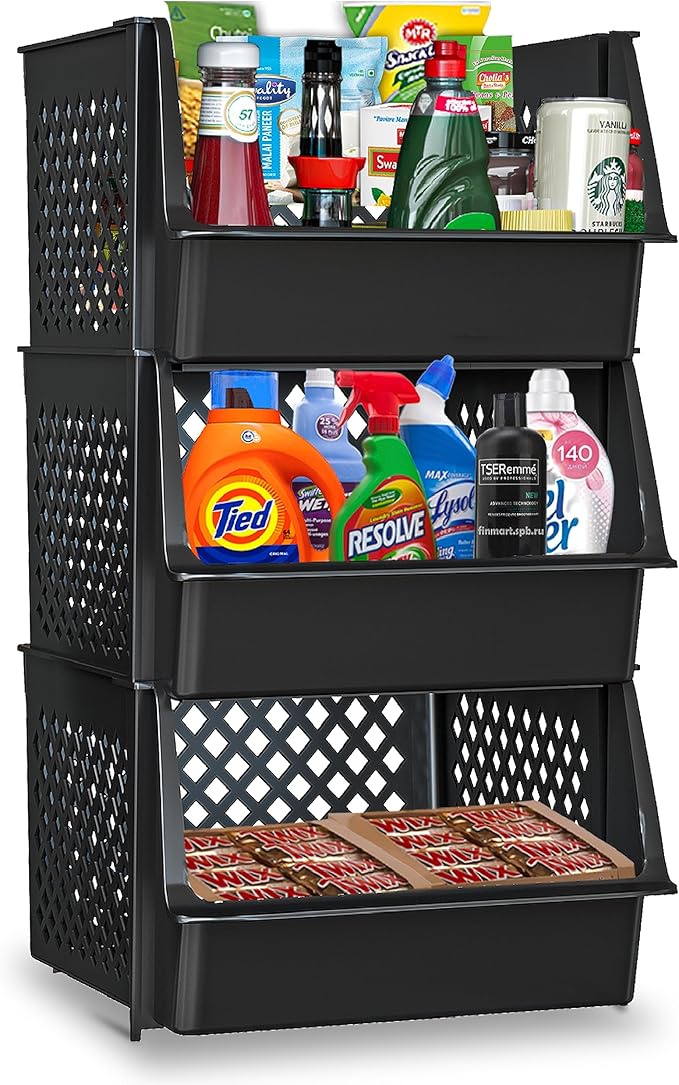 Skywin TidyFriend Large Plastic Stackable Storage Bins for Pantry, 3 Pack Stackable Bins For Organizing Kitchen and Bathroom 