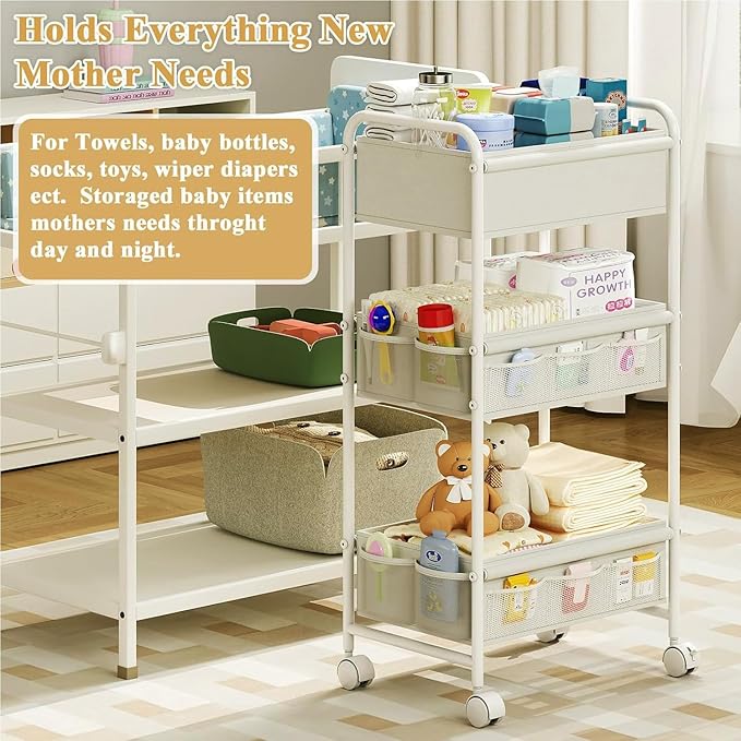 3-Tier Baby Diaper Caddy Cart Organizer,Mobile Nursery Storage Carts with Wheels,With 2 Dividers&14 Mesh Pockets Durable Meta