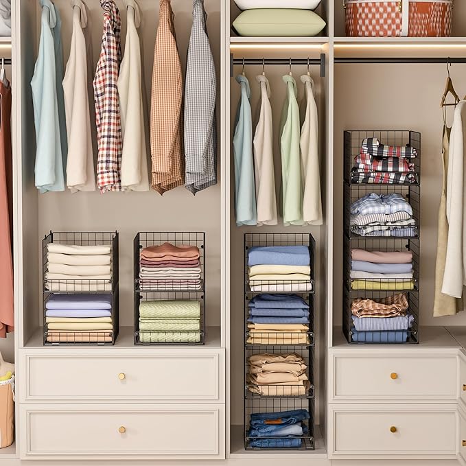 4-Tier Stackable Closet Organizers and Storage Shelves, Foldable Closet Shelf Organizer System, Stackable Storage Bins Drawer