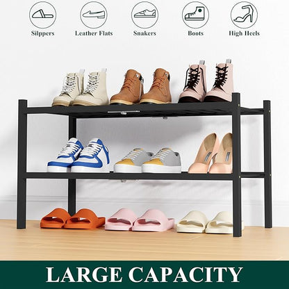 Smiry Shoe Rack, 2 Tier Thick Bamboo Shoe Organizer, Stackable Free Standing Wooden Shoe Storage Shelf for Closet, Entryway, 