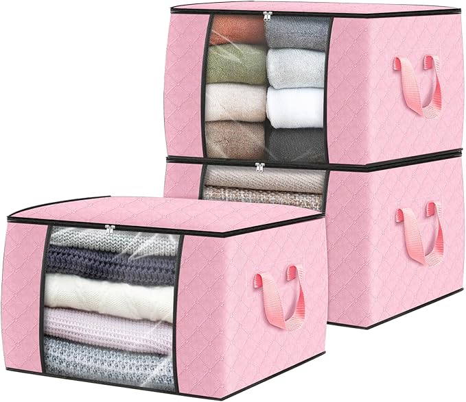 Fab totes 3 Pack Clothes Storage, Foldable Thick Fabric Blanket Storage Bags, Containers for Organizing Bedroom, Closet, Clot