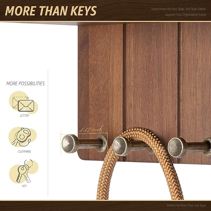Rebee Vision Farmhouse Key Holder Wall Mount - Decorative Mail Organizer with 7 Key Hooks and Wall Shelf - Rustic Home Decor 