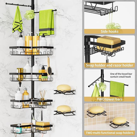 Shower Caddy Tension Pole, 4 Adjustable Corner Shower Caddy with 2 Towel Bars & 2 Soap Holders, Expands 25 to 114.2 Inches, B