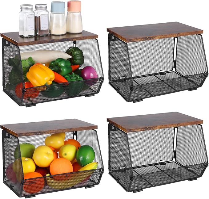 Joyibay 4 Pcs Stackable Fruit Baskets, Metal Mesh Wall Storage Baskets with Wooden Lids, Folding Wire Organizers for Kitchen 