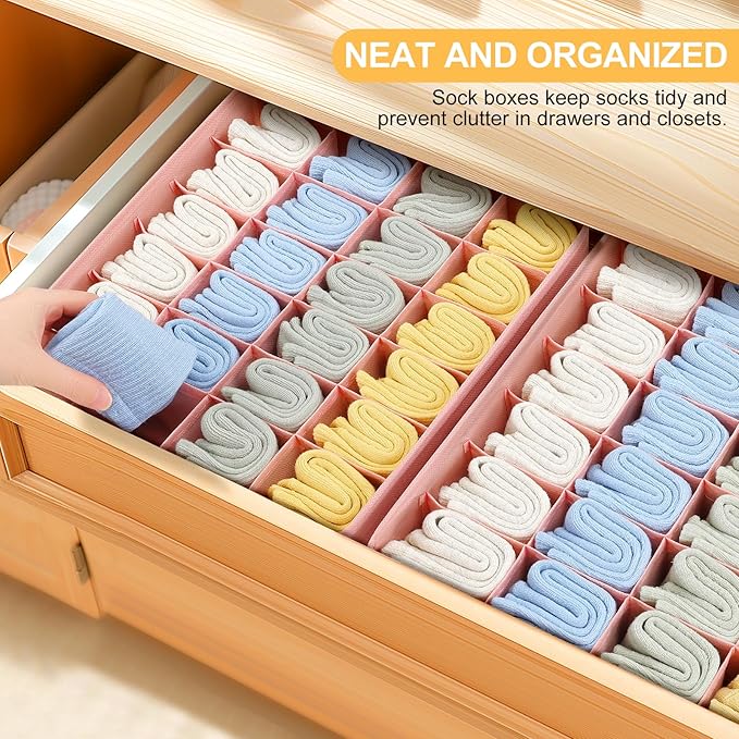 Sock Organizer 4 Pack - 24 Cell Foldable Underwear & Sock Storage, Drawer Organizer for Ties, Belts. (Pink)