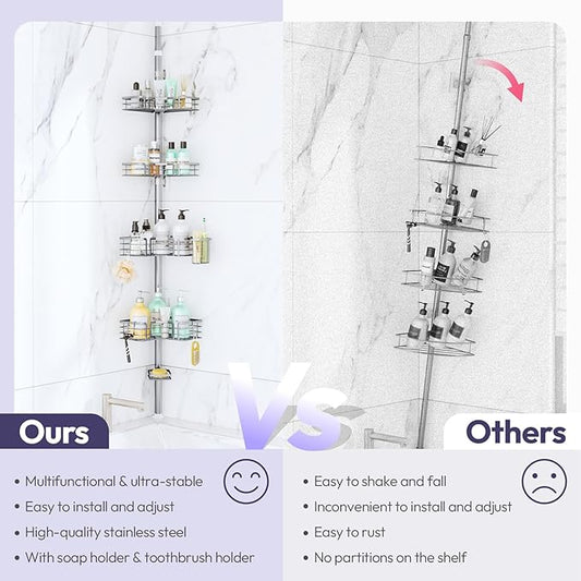 SWTYMIKI Shower Caddy Tension Pole - 4-Tier Corner Shower Organizer Tension Rod with Soap Holder, Toothbrush Holder & 4 Hooks