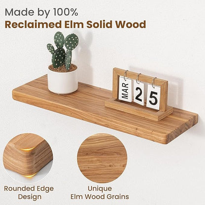 Floating Shelves for Wall, 24"Wx8"D Rustic Solid Elm Wood Floating Shelves Wall Mounted, Round Edge Wall Shelves with Invisib
